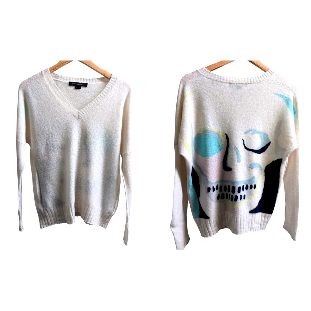 Skull Cashmere V-Neck Sweater Skull Graphic Slouchy Small Goth Intarsia
